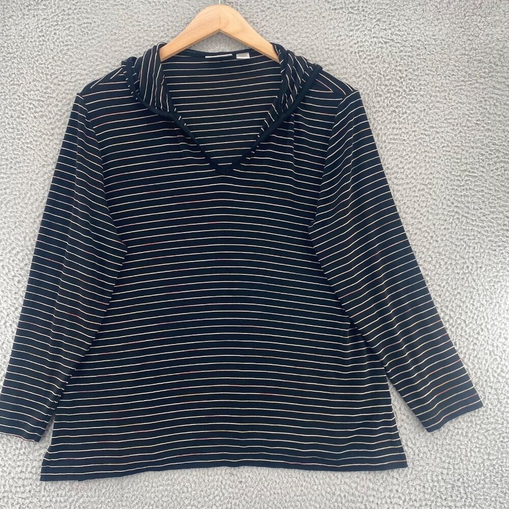Chicos Top Womens 3 US Extra Large Black Striped Travelers Knit Hood Long Sleeve